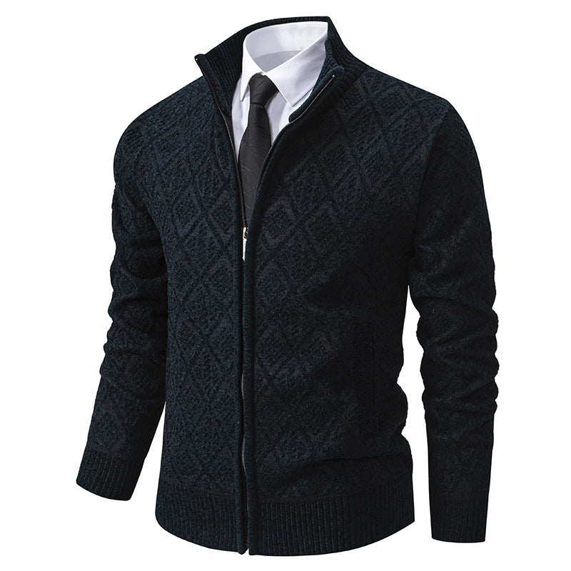 Men's Cardigan with Stand Collar - Zip Closure and Side Pocket