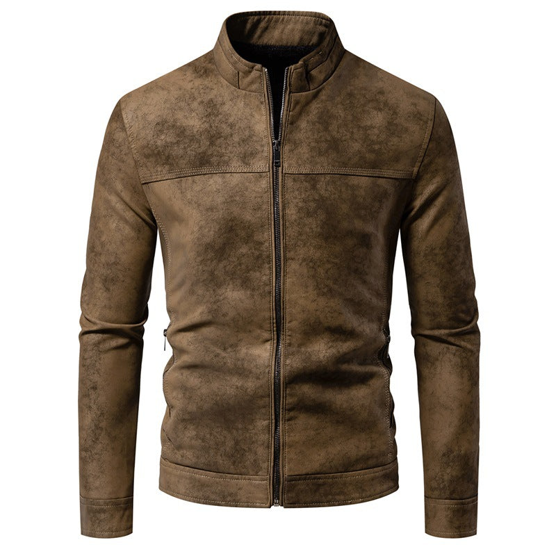 Men's Retro Faux Leather Bomber Jacket – Stand Collar, Relaxed Fit