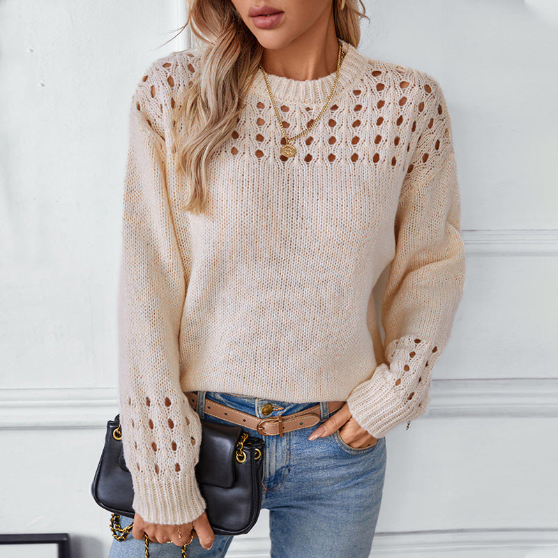 Women's Openwork Sweater – Delicate Knit Crew Neck