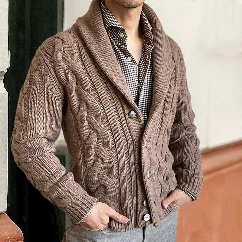 Men's Knit Cardigan - Buttoned Twisted Shawl Collar