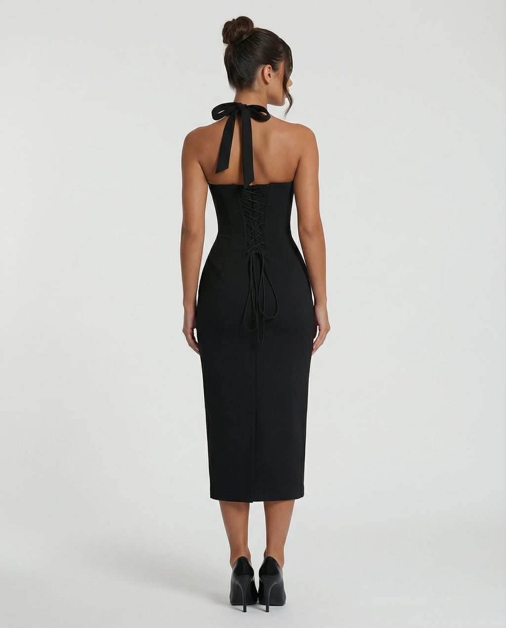 Women's Midi Dress – Halter Neckline, Structured Fit, Back Slit