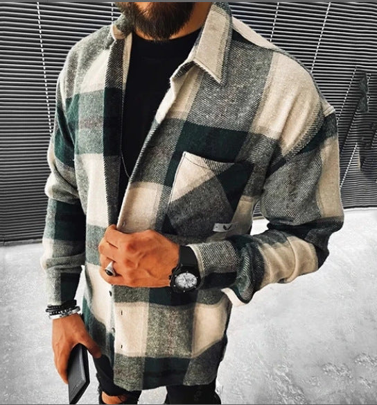 Men's Cotton-Blend Checked Shirt – Long Sleeve, Pocket