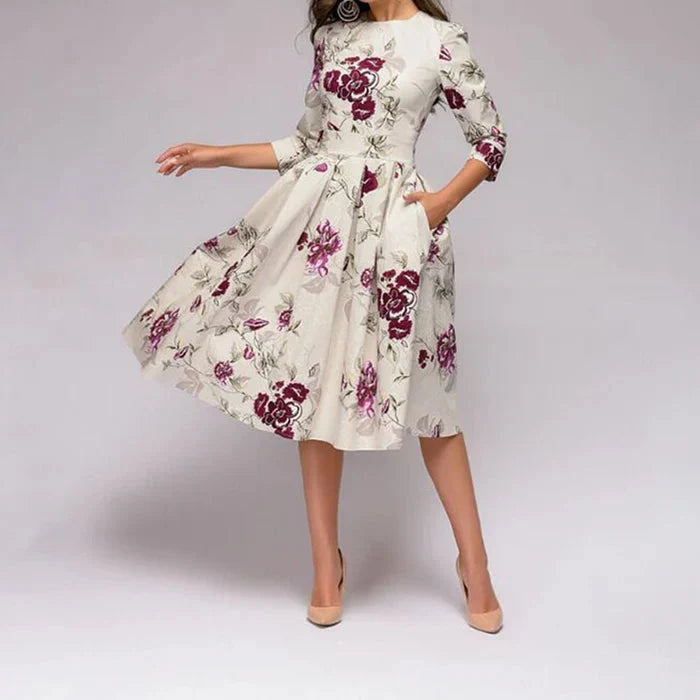 Women's Midi Flared Printed Dress – Elegant Pleats, Defined Waist