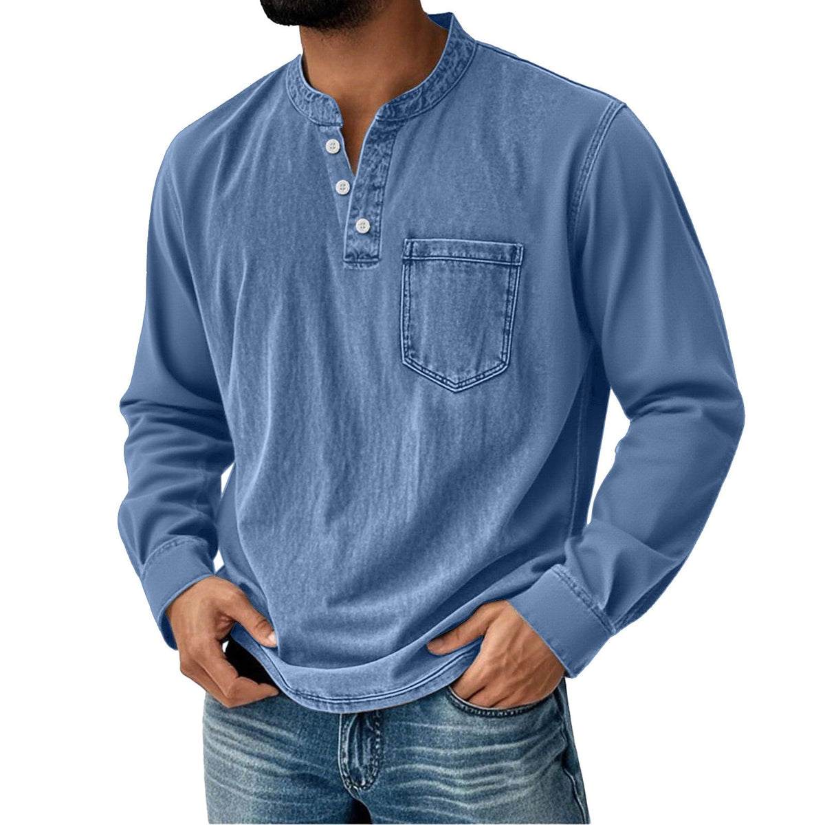 Long-Sleeve Men's Henley – Slim Fit with Three Buttons