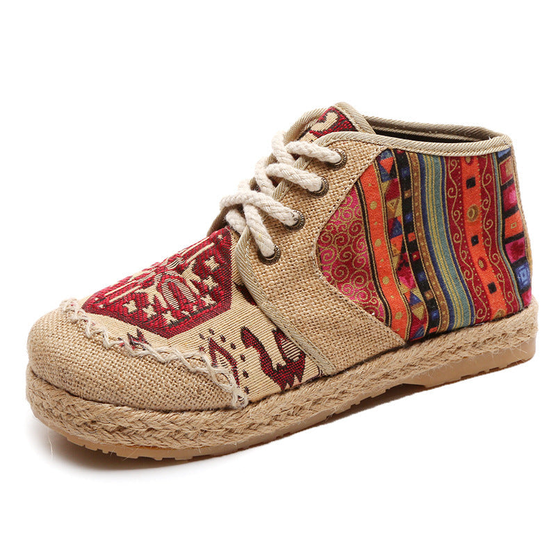 Women's Embroidered Cotton Canvas Sneakers – High-Top Ethnic Pattern