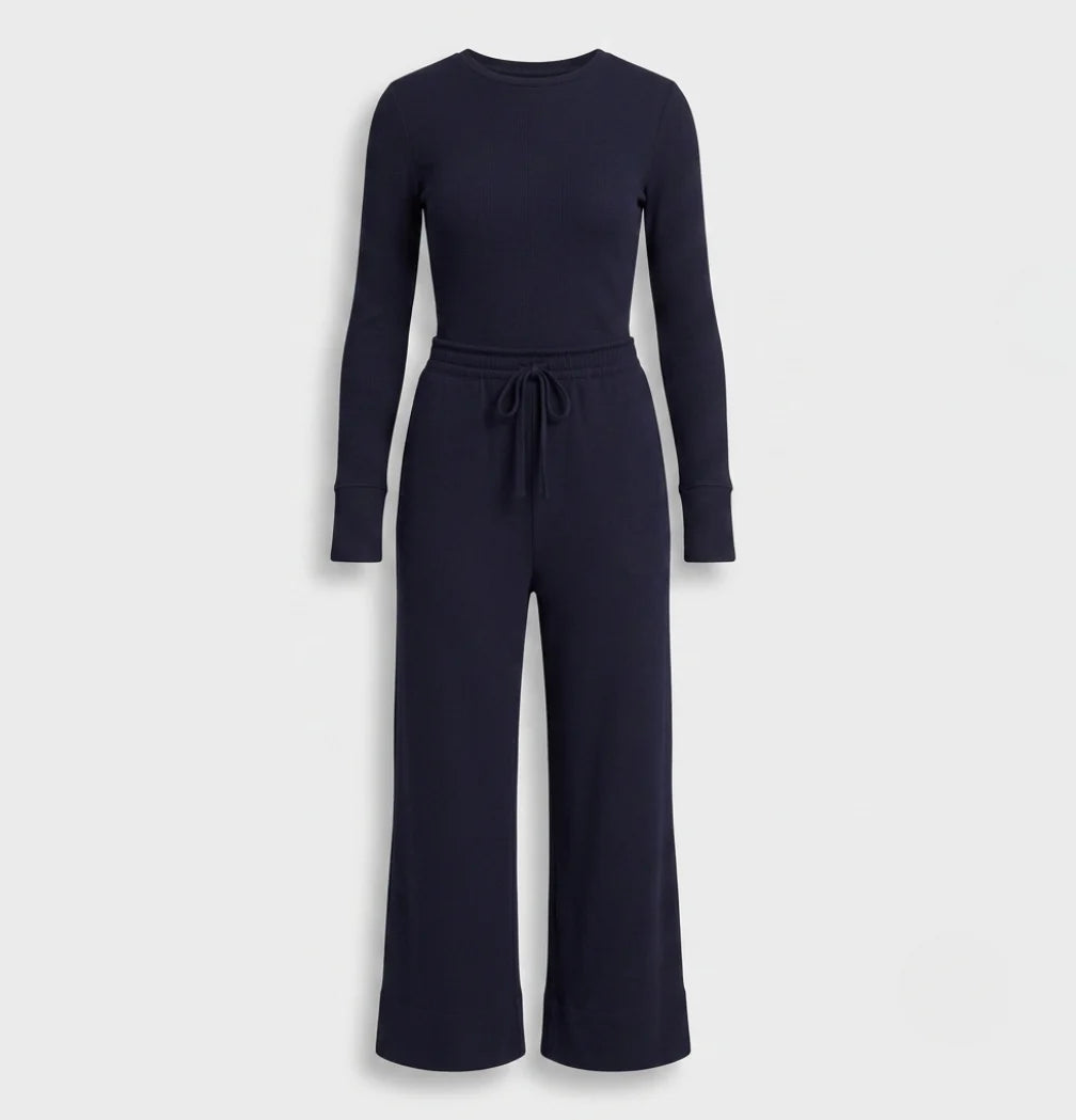 Women's Two-Piece Set - High-Waisted Wide-Leg Trousers & Long-Sleeved Top