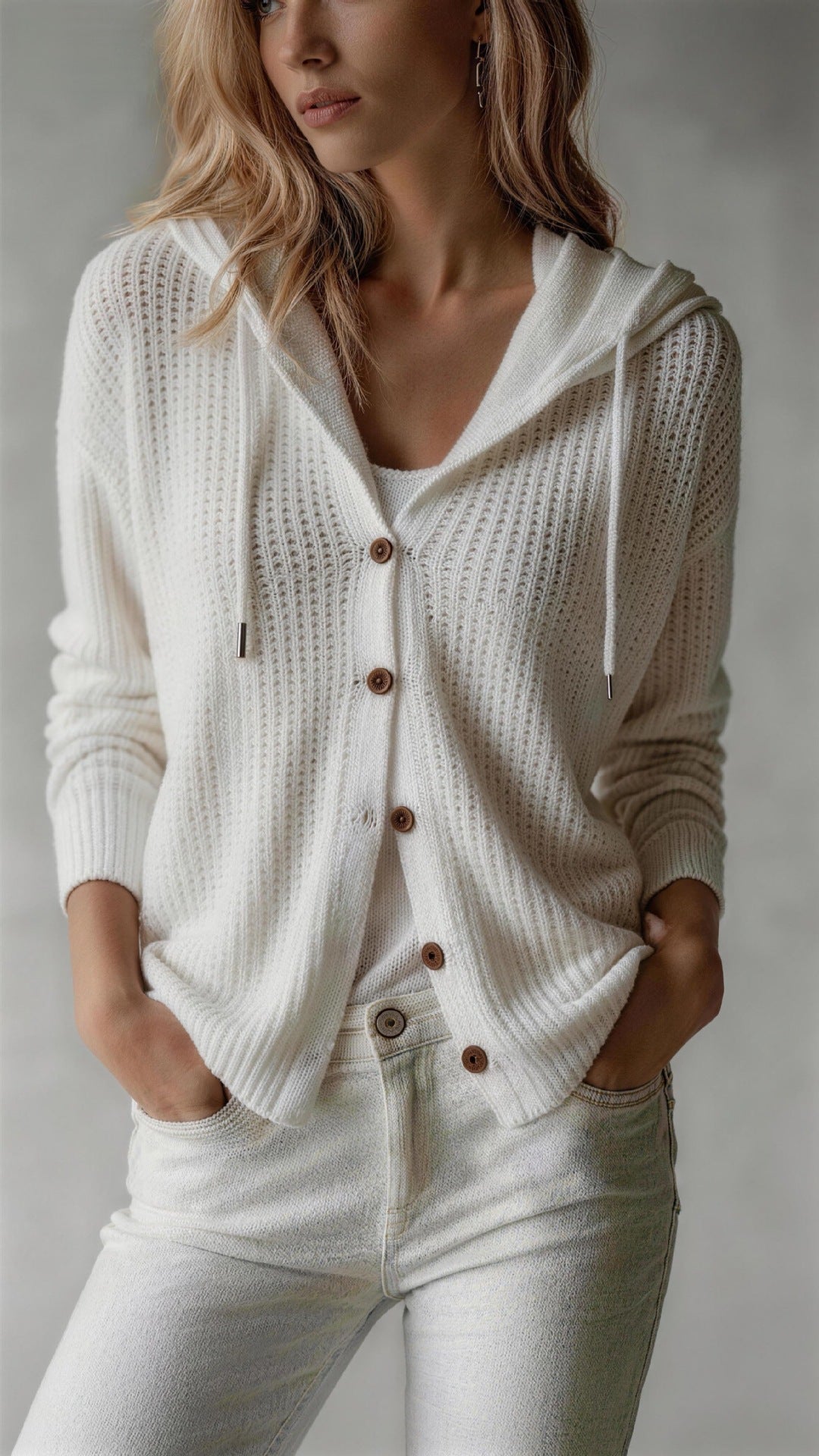 Women's Hooded Knitwear Vest – Relaxed Fit, Button Closure