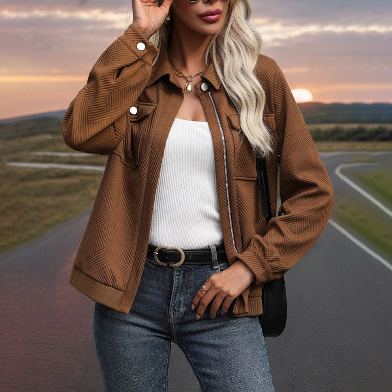 Women's Short Jacket - Textured Diamond-Pattern Fabric, Relaxed Fit