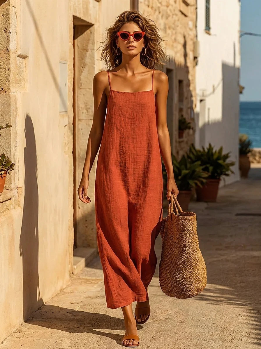 Long Dress for Women in Cotton Blend – Loose Fit Square Neckline