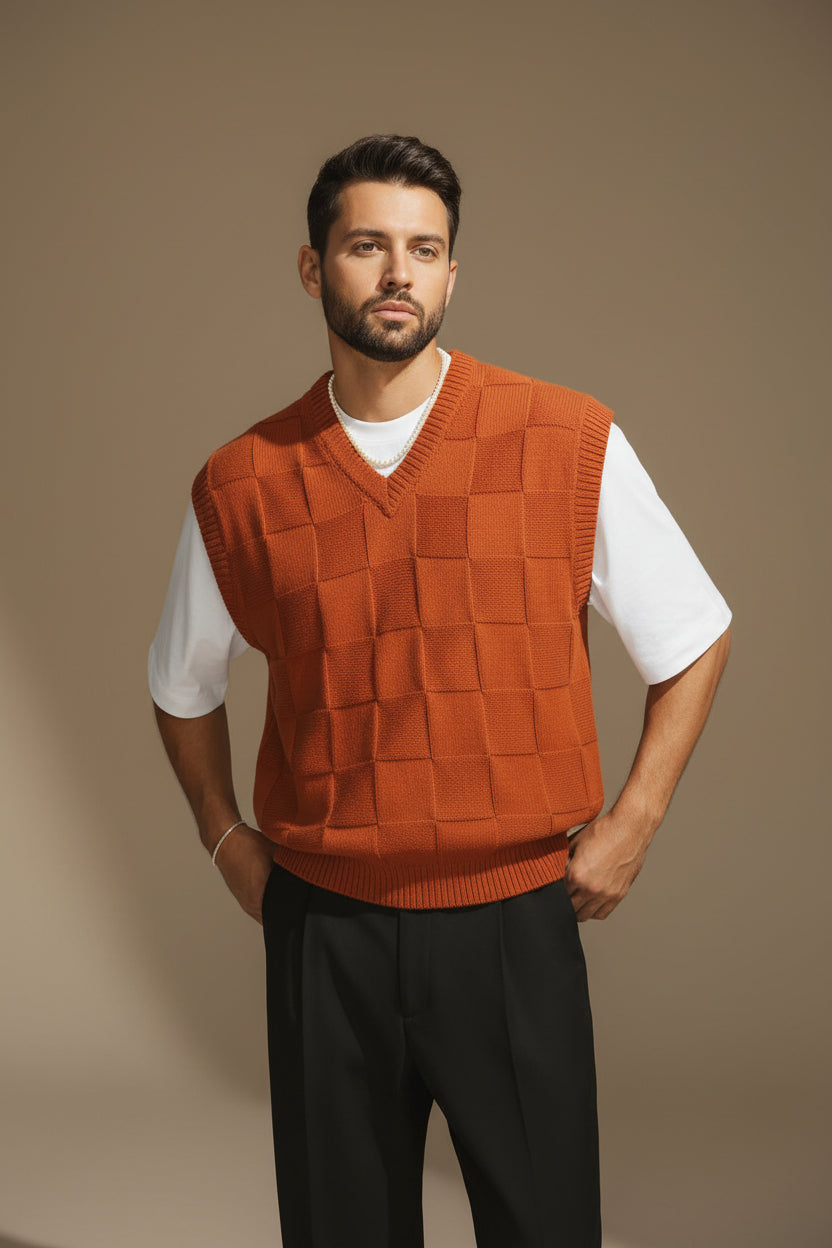 Men's Knitwear Vest – V-Neck Sleeveless Plaid Pattern