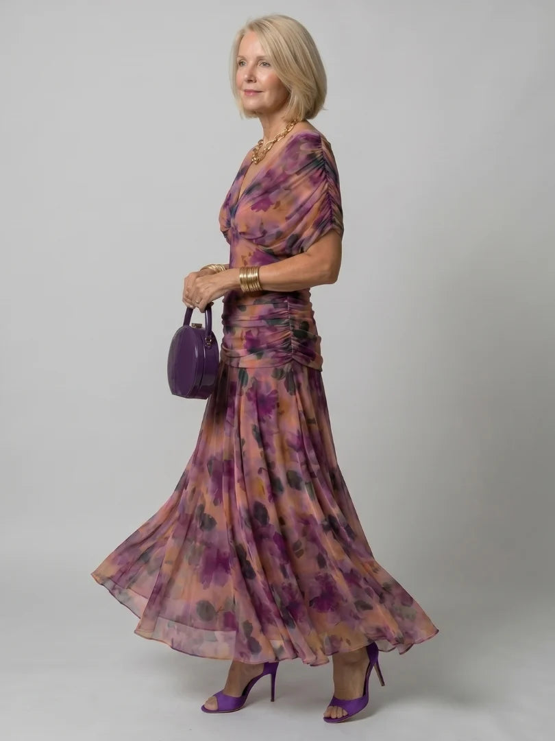 Women's Maxi Chiffon Dress – V-Neck Print, Short Sleeves