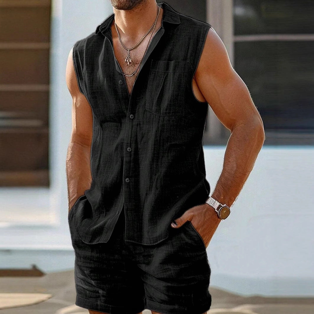 Men's Two-Piece Set in Blended Cotton – Open Collar Shirt, Sleeveless, Lightweight