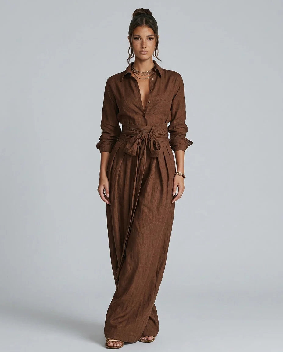 Women's Two-Piece Linen-Cotton Set – Tie Belt, Long Sleeves
