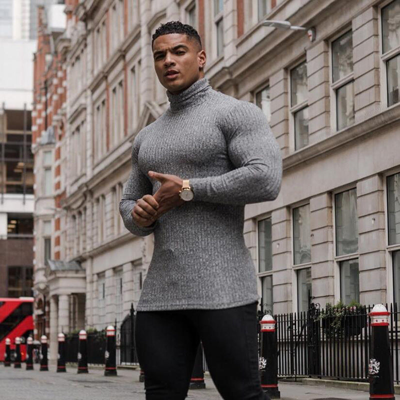 Men's Long-Sleeved T-Shirt with Mock Neck – Knitted Slim Fit