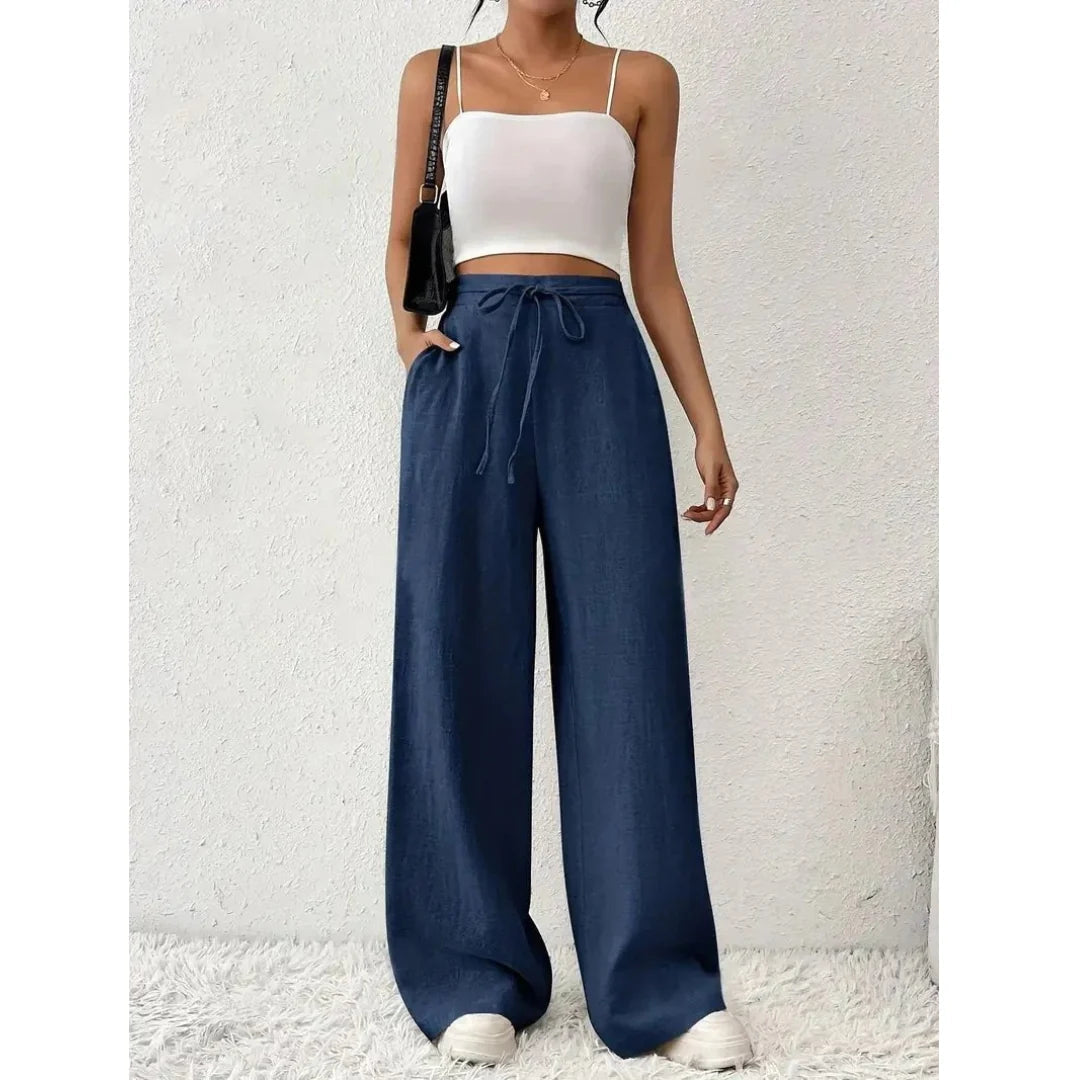 Wide-Leg Women's Pants – Relaxed Fit with Drawstring Waist and Pockets