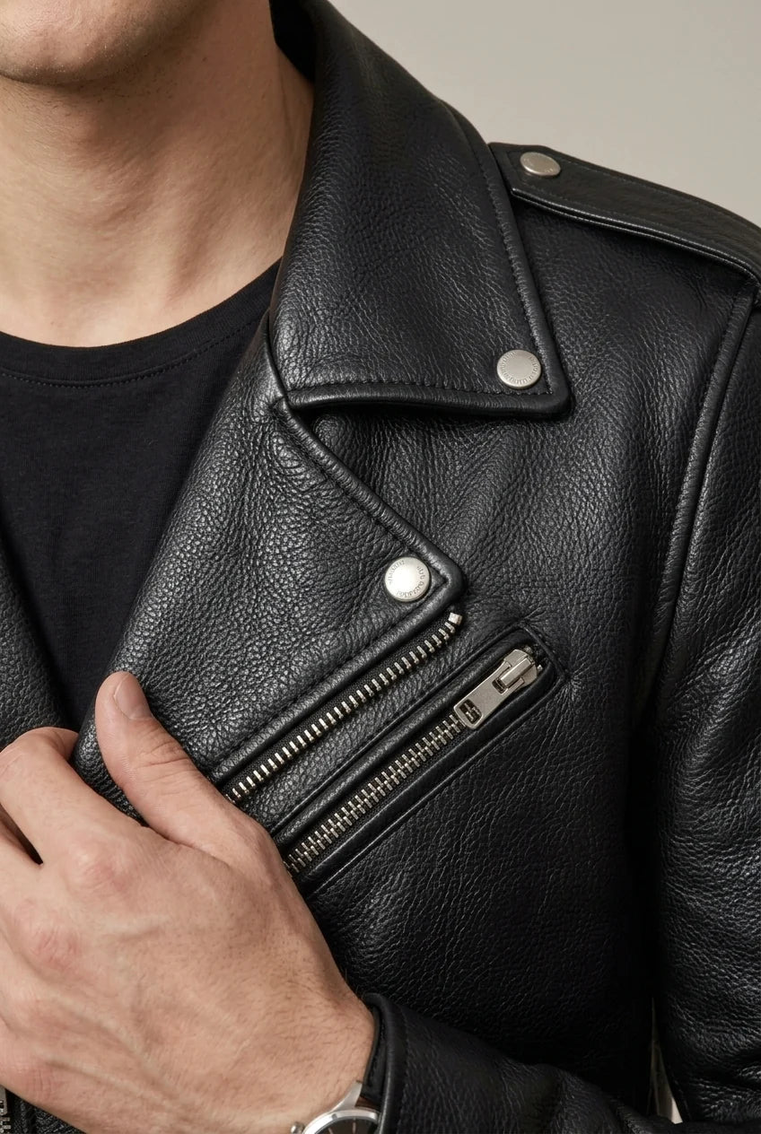 Men's Biker Jacket in Cowhide Leather – Asymmetrical Closure, Belted Waist