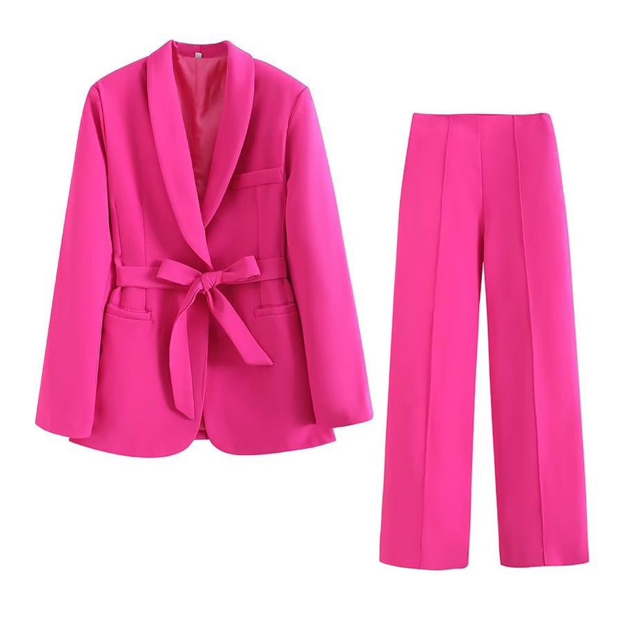 Women's Blazer and Pants Set – Elegant Waist-Tied Size
