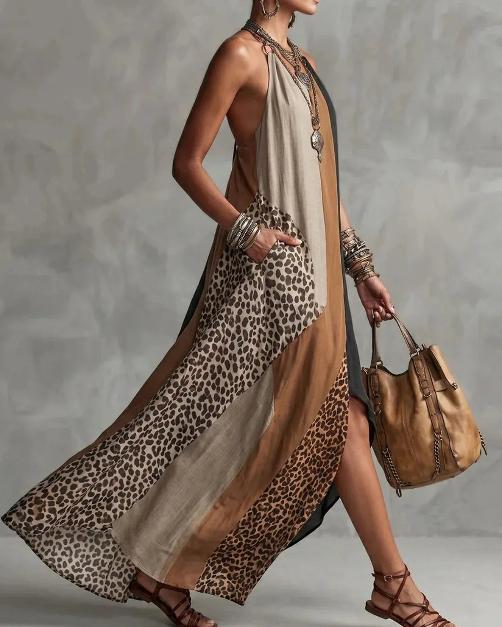 Women's Long Sleeveless Dress – Leopard Print, Flowing Fit