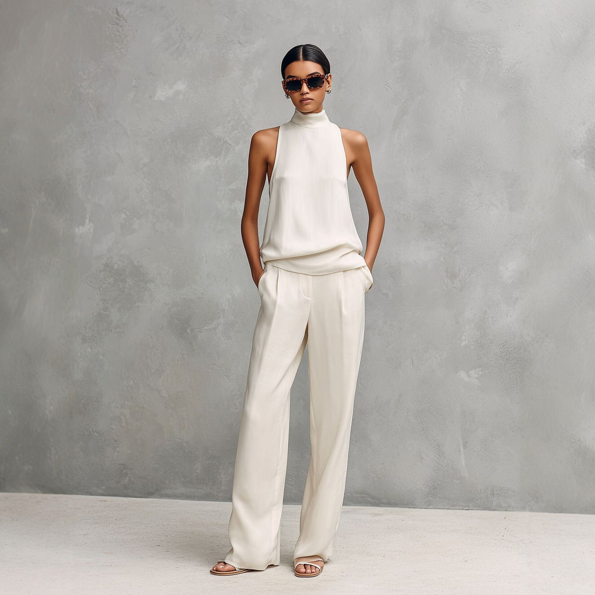 Women's Set: Sleeveless High Neck Top and Wide-Leg Pants – Modern Silhouette