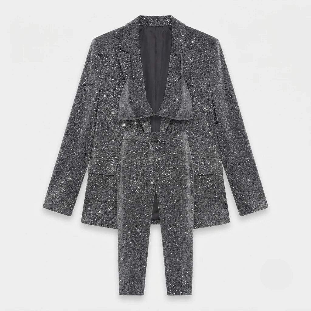 Women's Three-Piece Set – Shiny Blazer, Bralette and Trousers