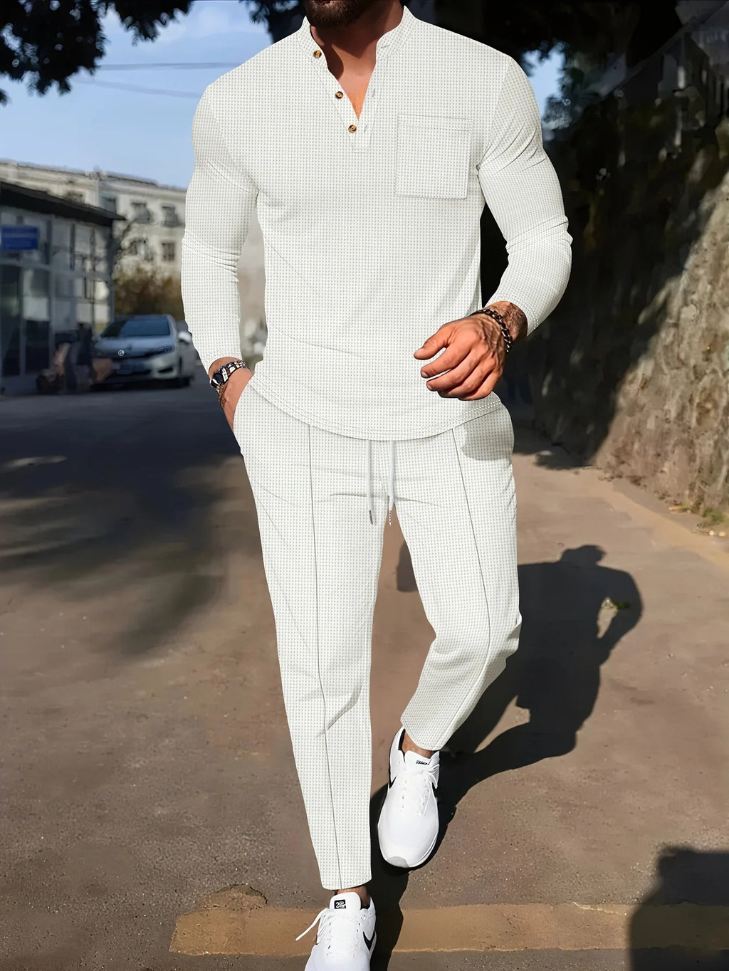 Men's Two-Piece Waffle Set – Henley Top & Casual Trousers