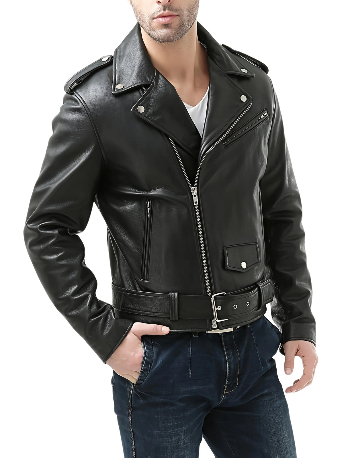 Men's Faux Leather Biker Jacket – Relaxed Fit with 3D Pockets
