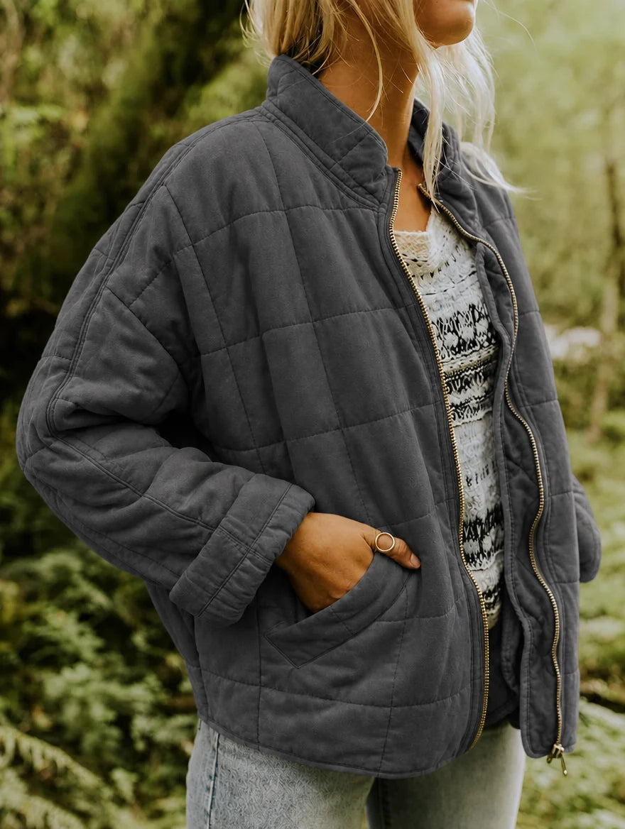 Women's quilted Jacket with Zipper Closure – Stand Collar, Diamond Pattern