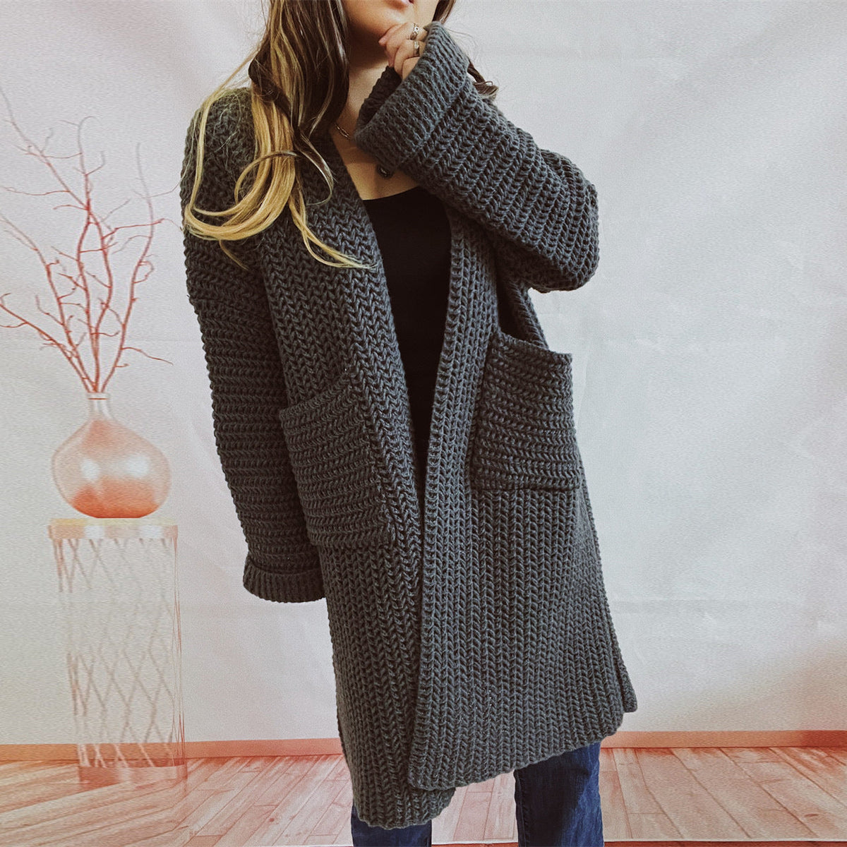 Women's Thick-Knit Vest – Oversized Fit with Large Pockets