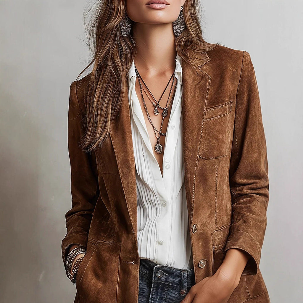 Women's Retro Suede-Effect Jacket – Loose Buttoned Fit