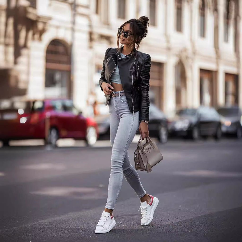 Women's Slim Vegan Leather Jacket - Fitted Design with Long Sleeves