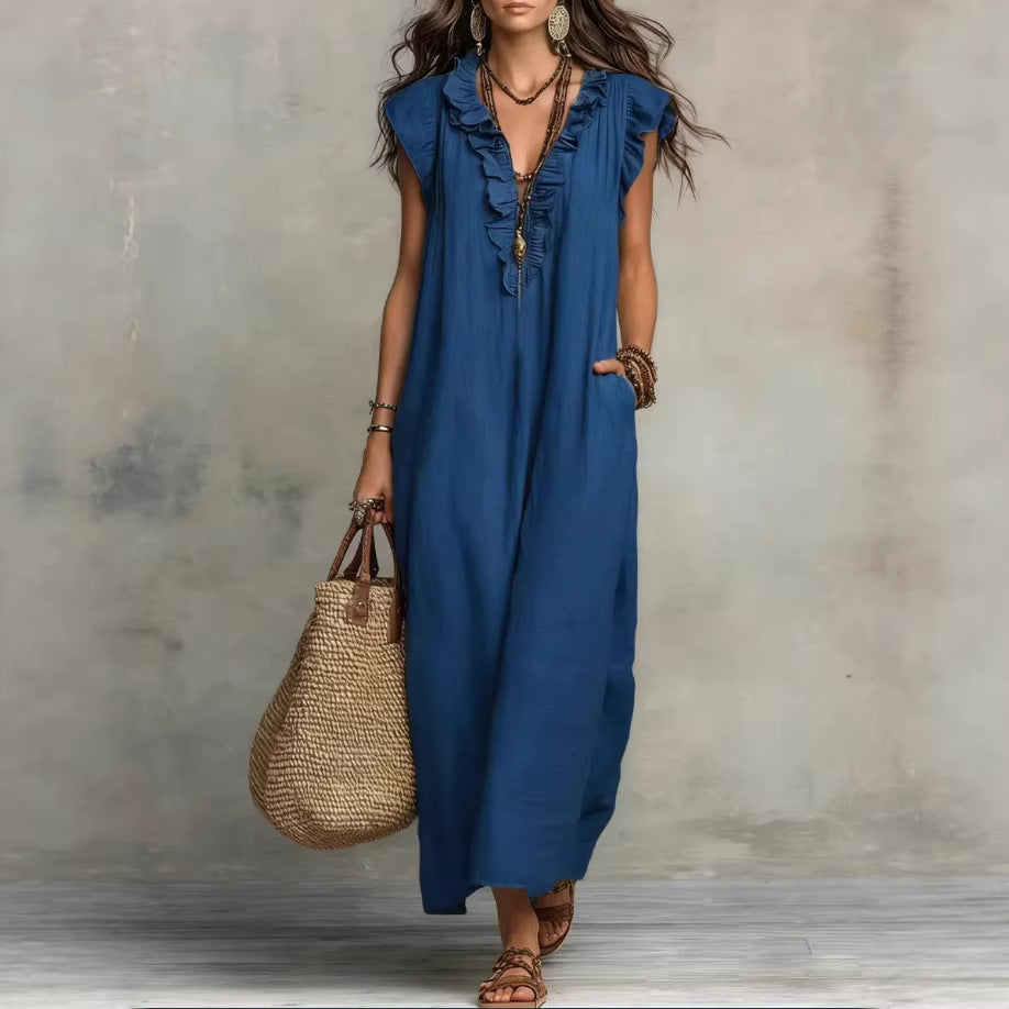 Women's Sleeveless Maxi Dress – Elegant Ruffles and Practical Pockets