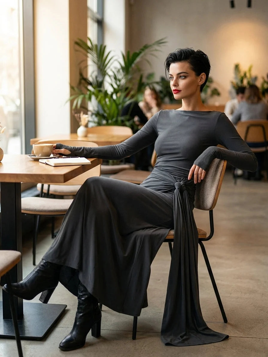Maxi Wrap Dress for Women – Elegant Bow Detail Long Sleeves