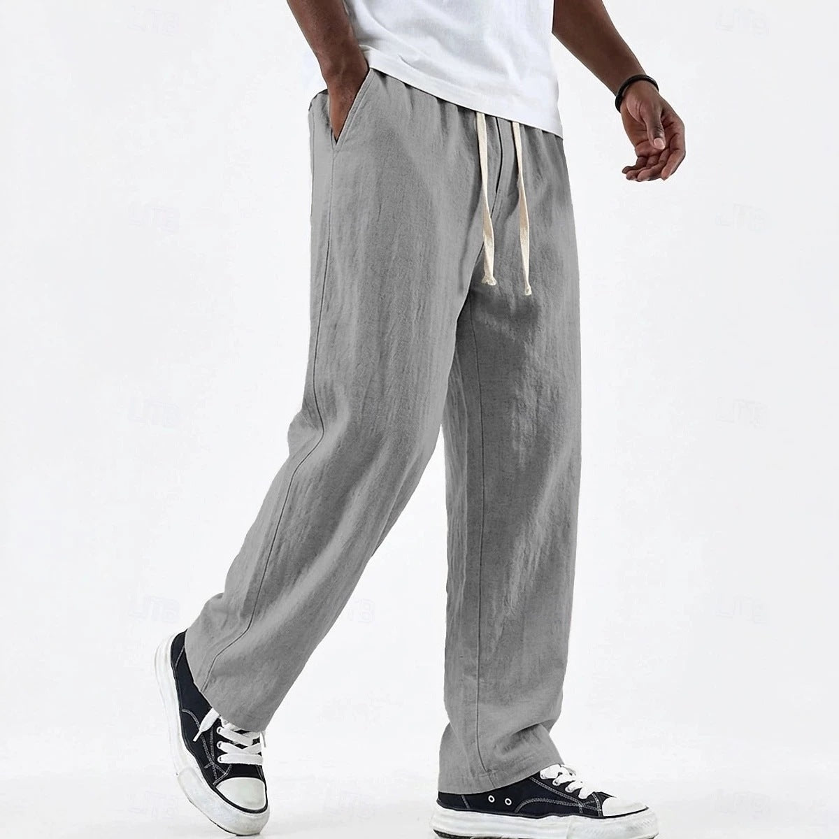 Men's Wide Cotton-Linen Pants – Loose Fit with Drawstring Waist