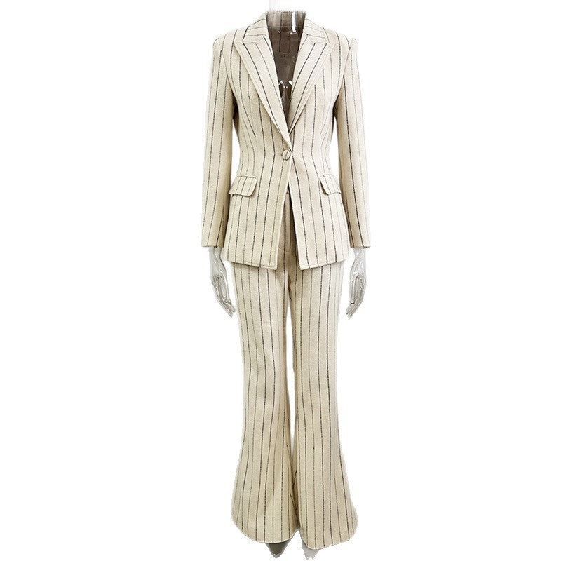 Women's Striped Two-Piece Set – Brushed Suit Jacket and Trousers