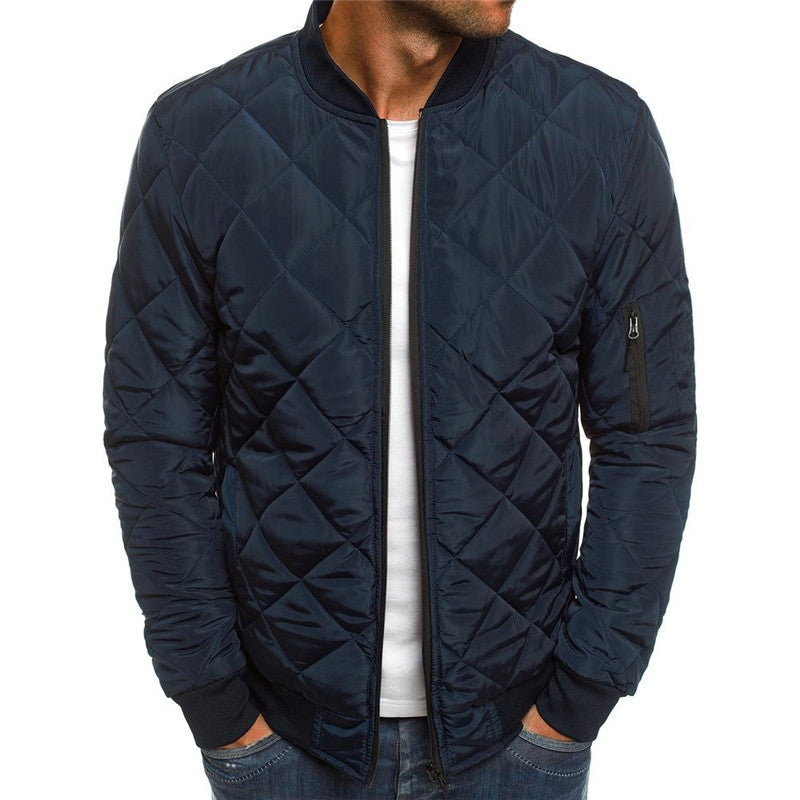 Men's Quilted Bomber Jacket – Stand Collar with Diamond Pattern