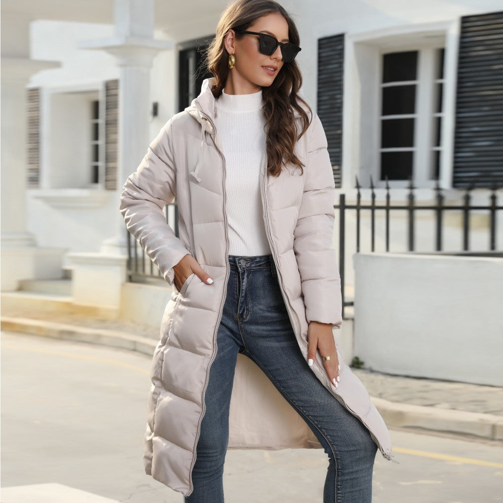 Women's Mid-Length Hooded Quilted Coat – Slim Fit, Side Pockets