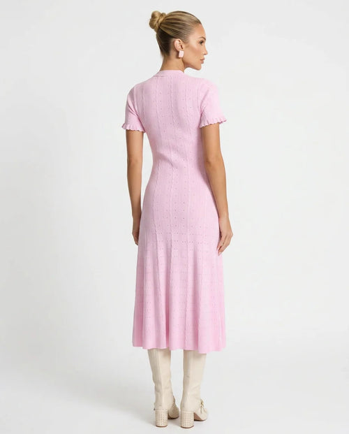 Women's Ribbed Knit Dress – Elegant Button Fastening and Midi Fit