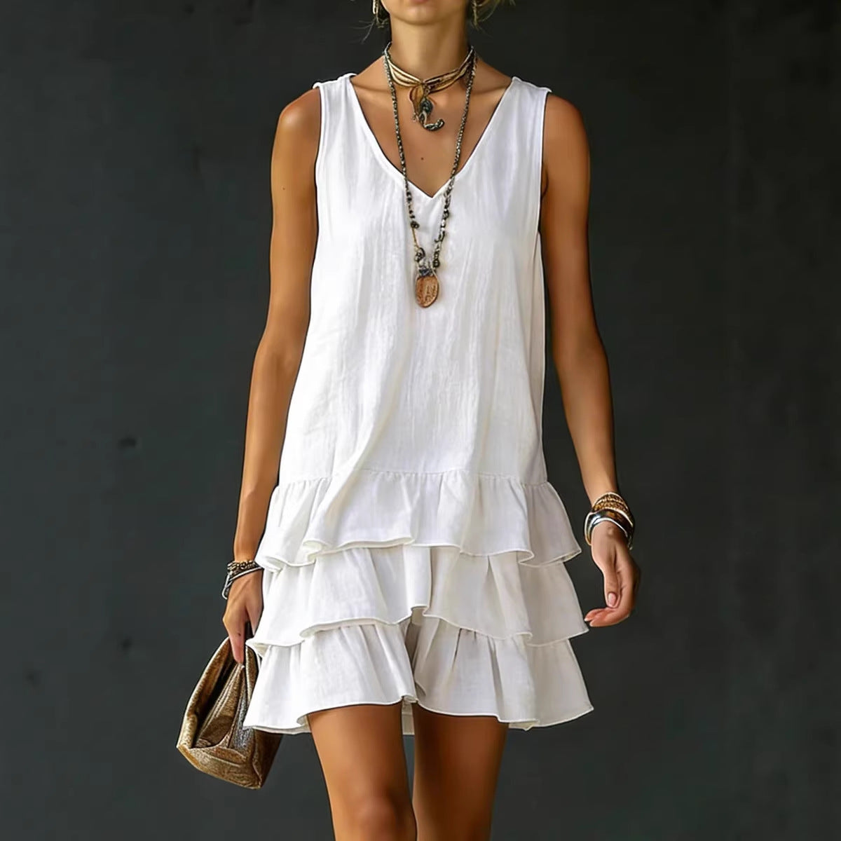 Women's Mini Dress – Lightweight Textured Fabric Sleeveless with Ruffles