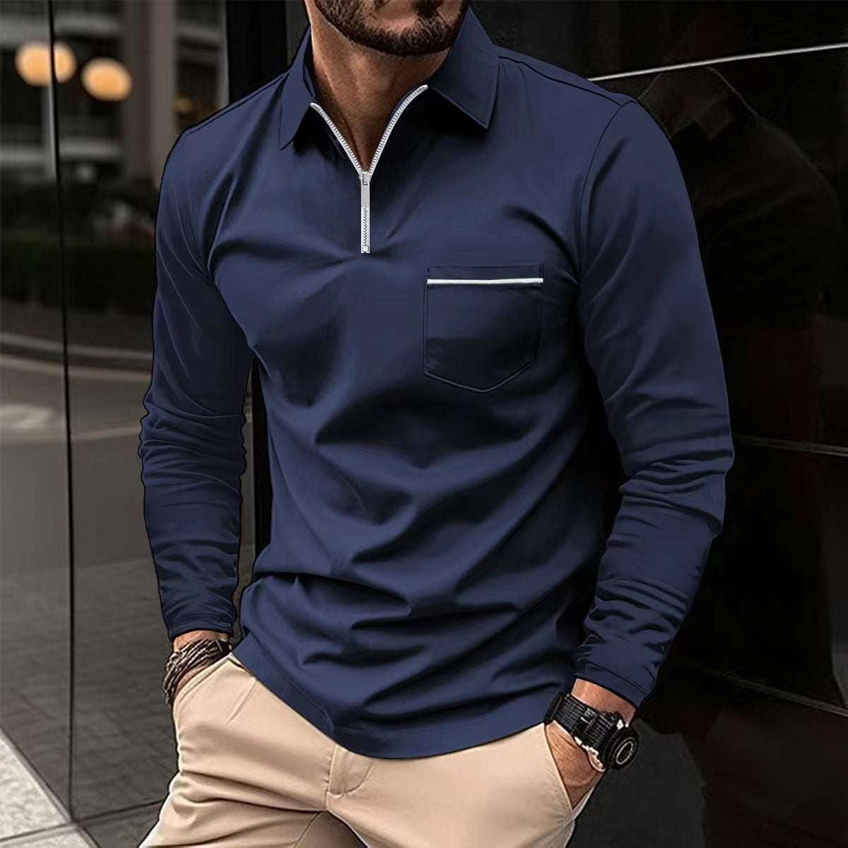 Men's Long-Sleeve Zippered Polo – Elegant Front Pocket