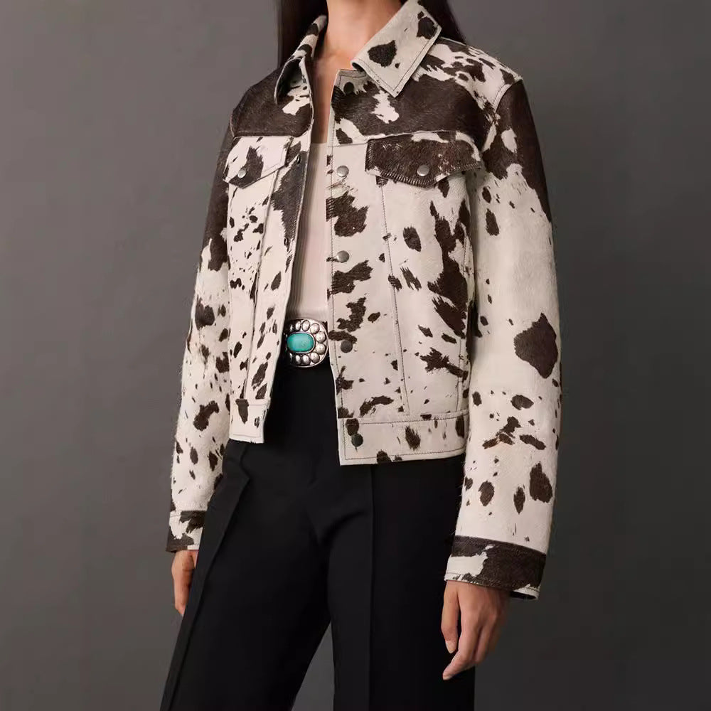 Women's Cropped Denim Jacket – Irregular Pattern, Cropped Fit