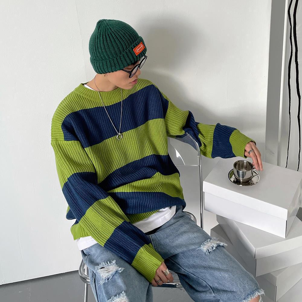 Men's Striped Sweater – Crew Neck, Loose Fit