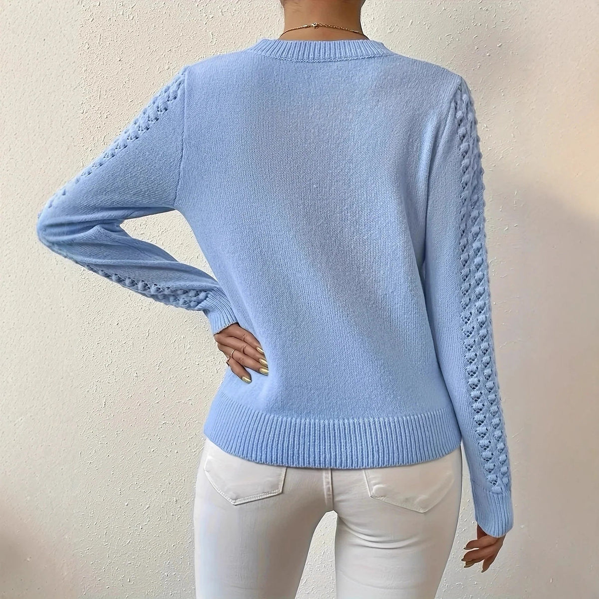Women's Openwork Knit Sweater – Fitted Cut, Round Neck