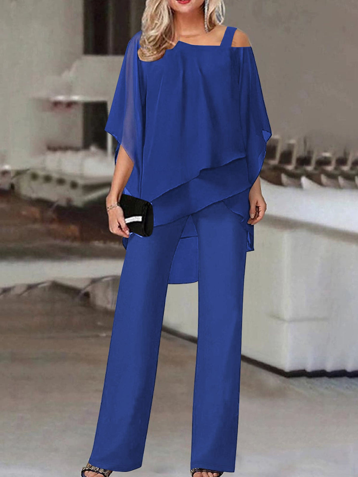 Women's Two-Piece Set – Asymmetrical Ruffle Blouse and Wide-Leg Trousers