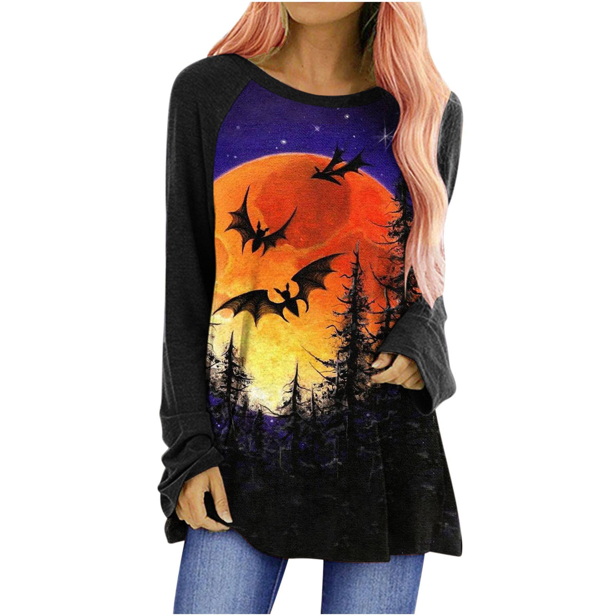 Women's Long-Sleeved Halloween Top - Casual Crew Neck with Graphic Design