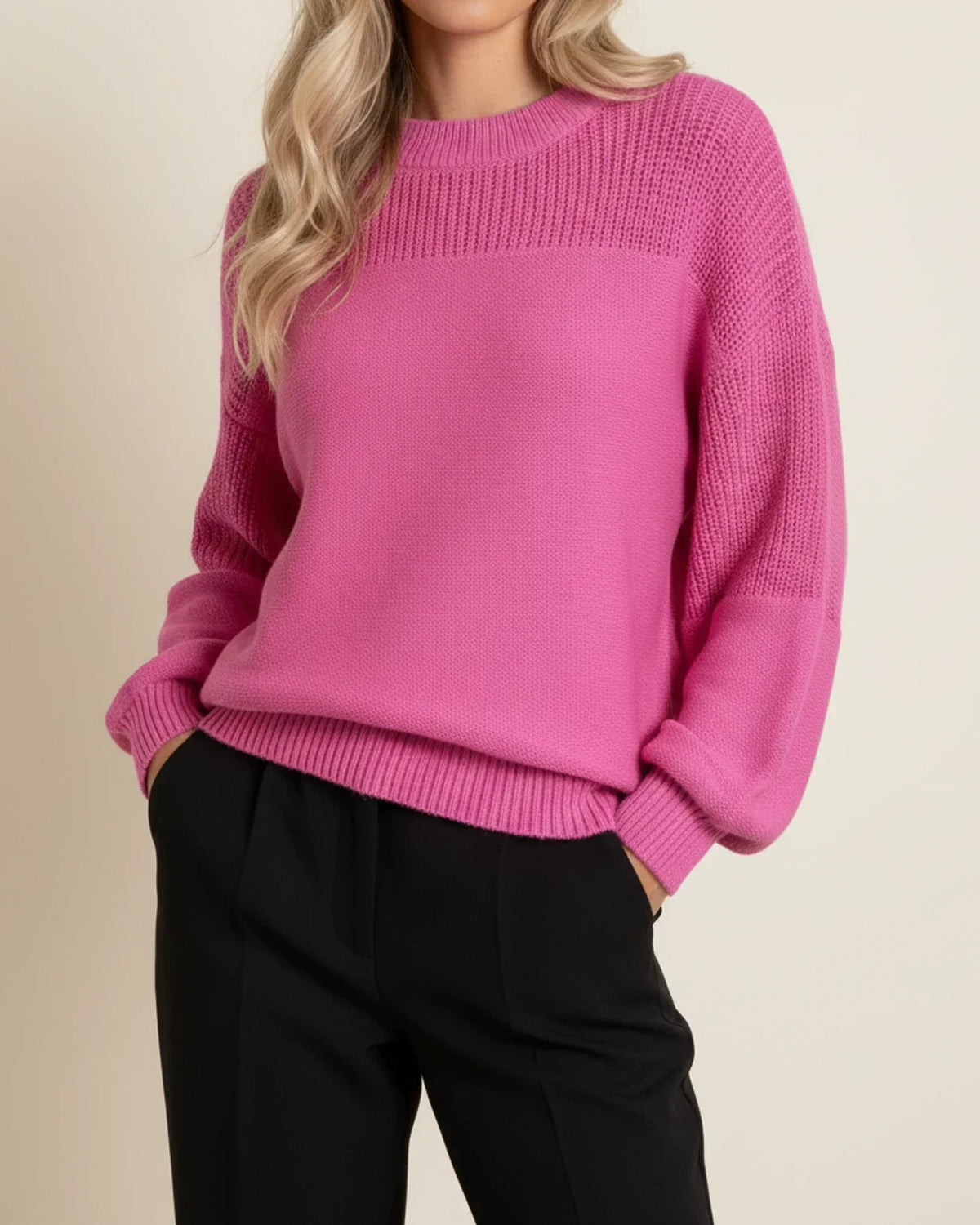 Women's Sweater Lantern Sleeves – Round Neck, Crochet Flower Detail