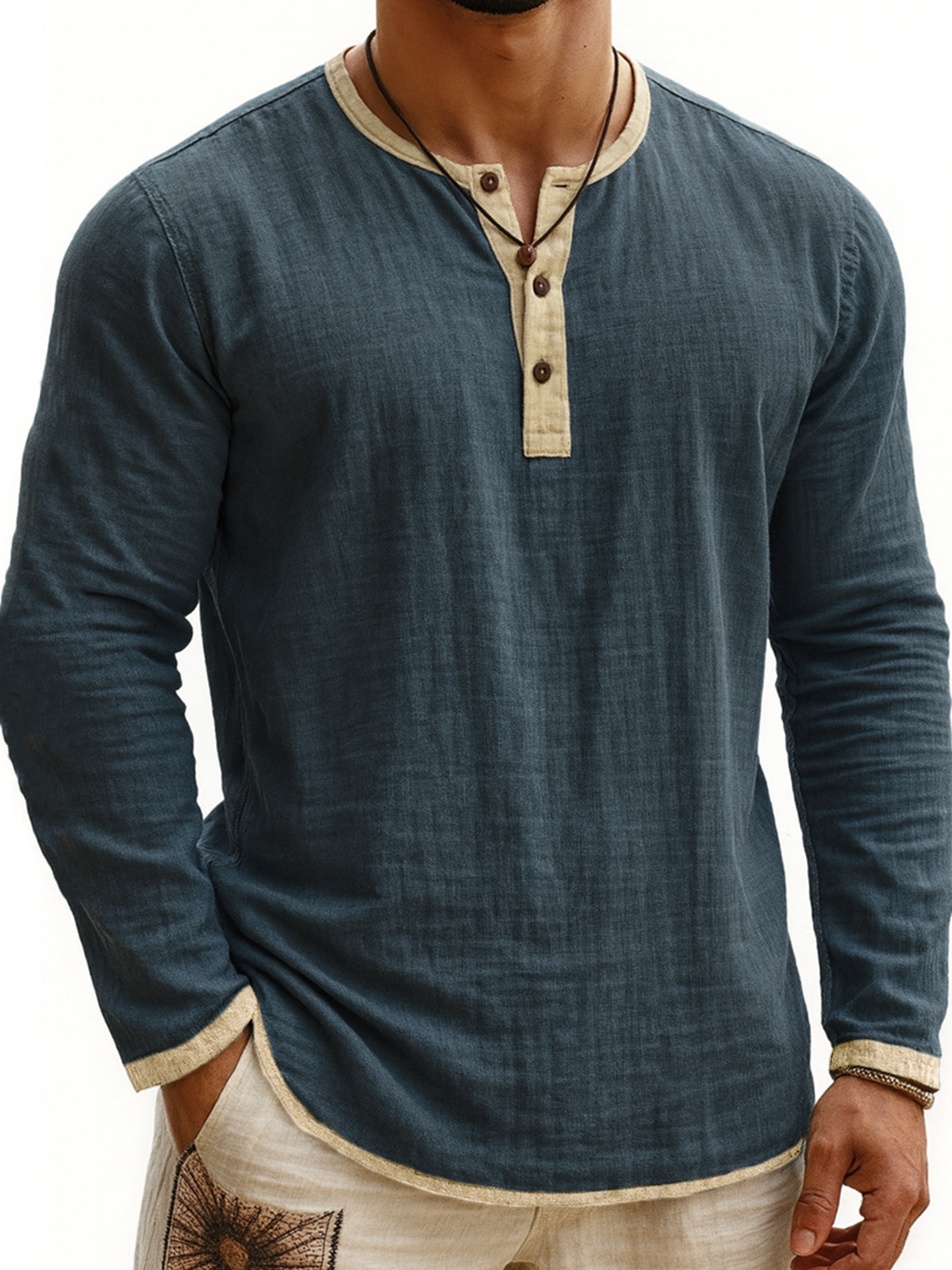 Long-Sleeve Men's Henley – Slim Fit Buttoned Collar