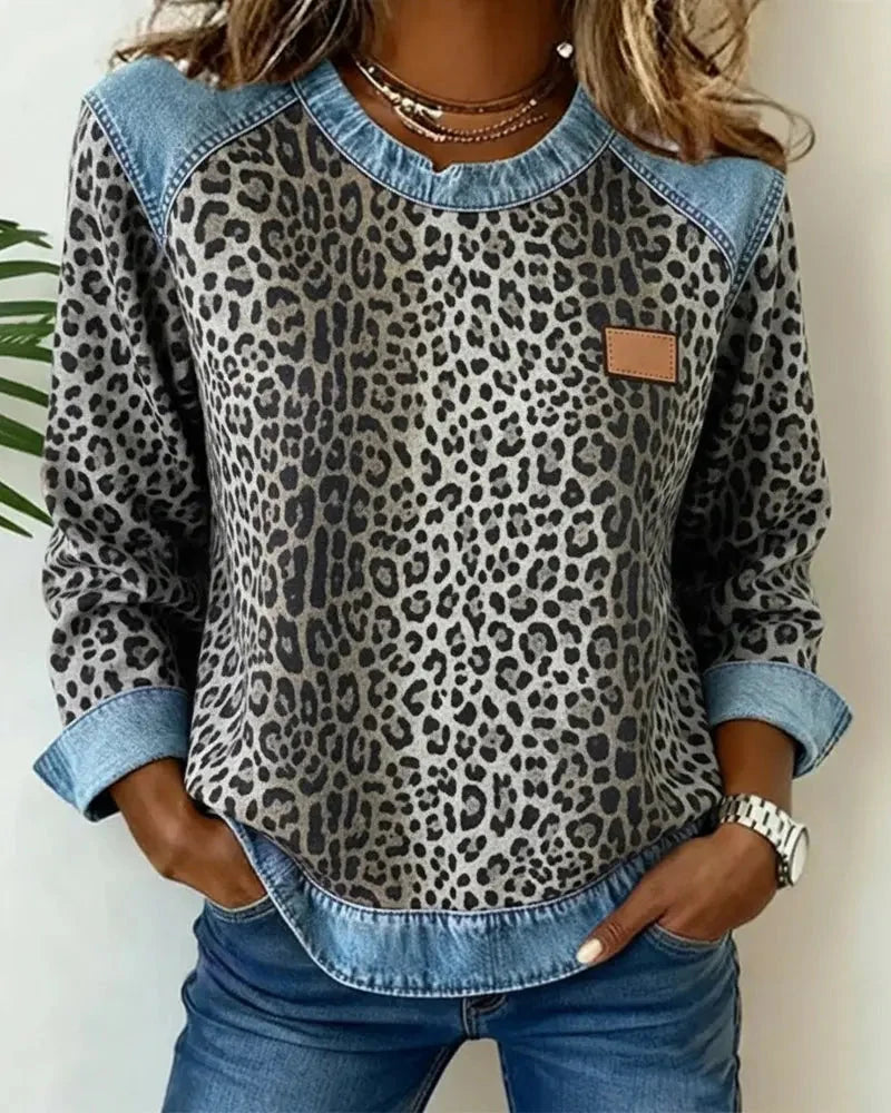 Women's Patchwork Sweatshirt – Crew Neck, Embossed Floral Pattern