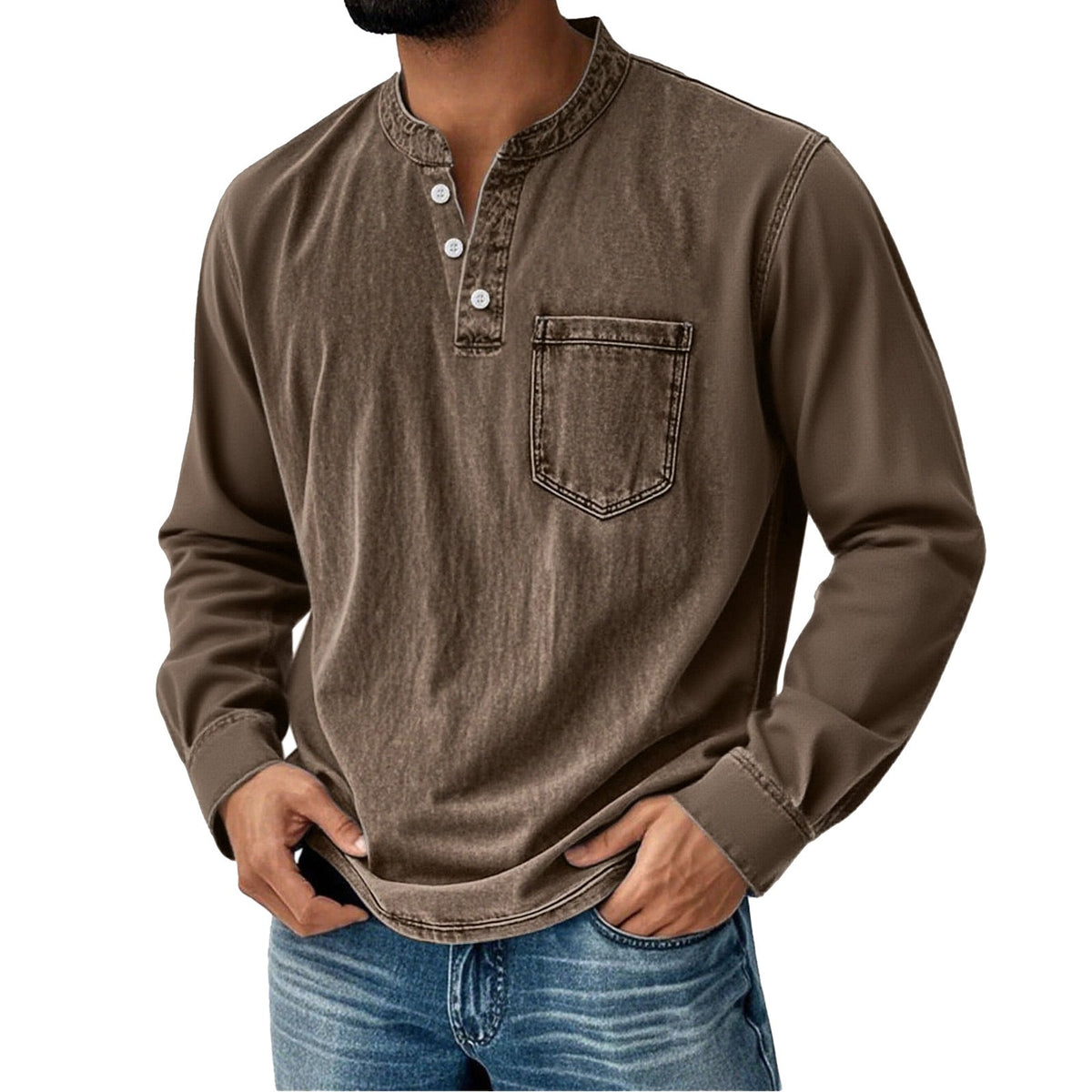 Long-Sleeve Men's Henley – Slim Fit with Three Buttons