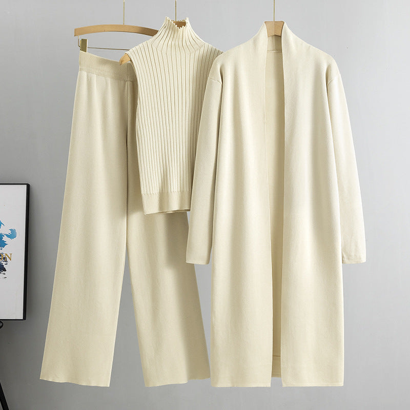 Women's 3-Piece Knitwear Set – Sleeveless Vest, Long Cardigan and Wide-Leg Trousers