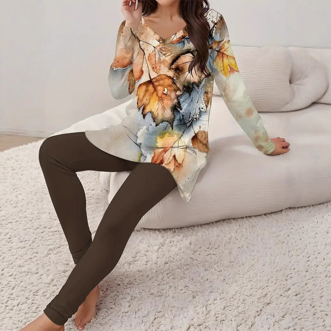 Vintage Two-Piece Women’s Set – Floral V-Neck Top & Leggings